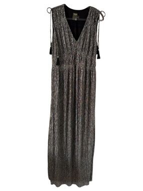 Taylor Metallic Silver Plissé Maxi Dress with Tassel Shoulder Ties